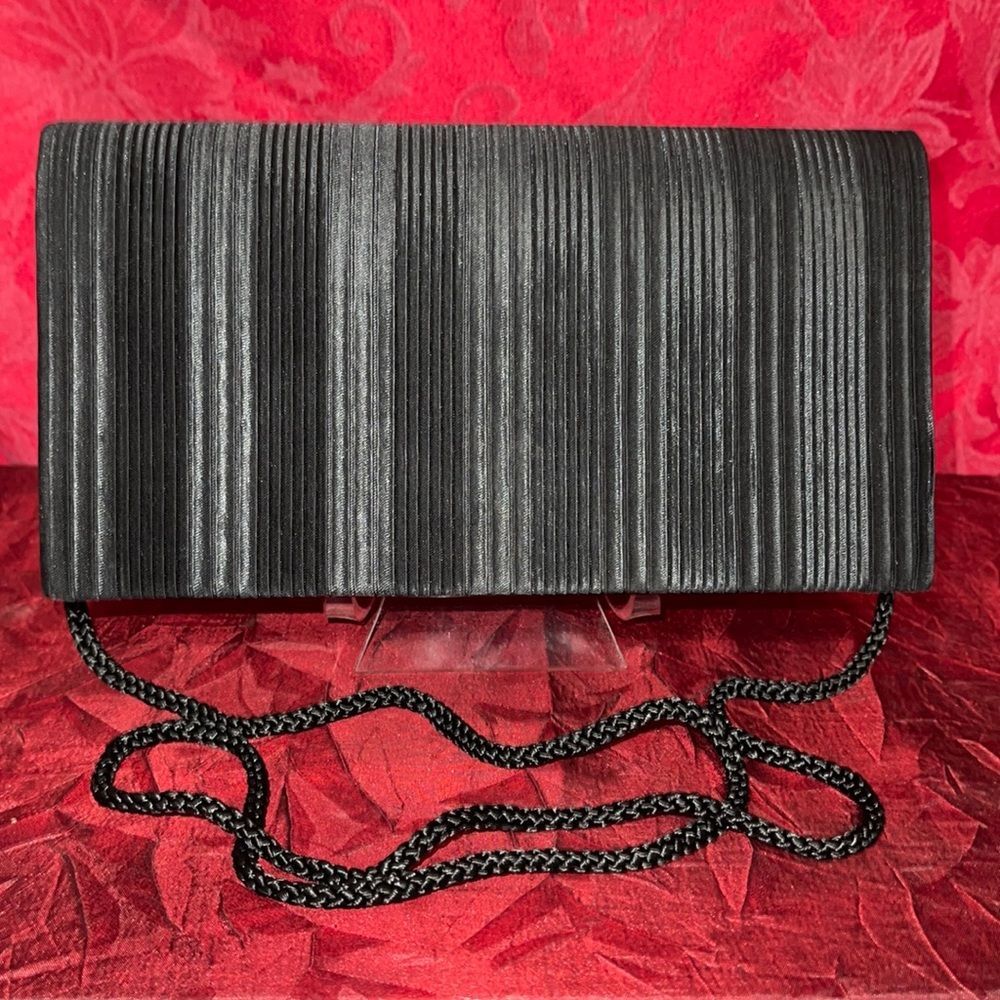 La Regale Black Pleated Satin Clutch with Braided Cord